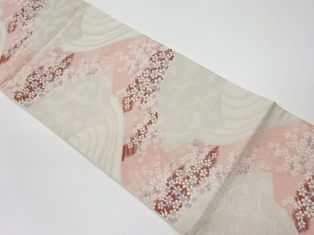 リサイクル　花々・流水に地紙模様織出し袋帯